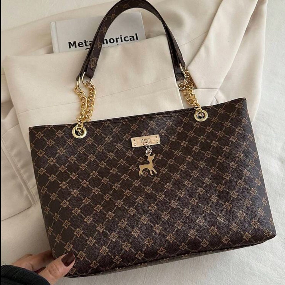 ⚠️Clearance Patterned Chain Shoulder Tote Bag Elegant Brown Gold Accent - Picture 6 of 9